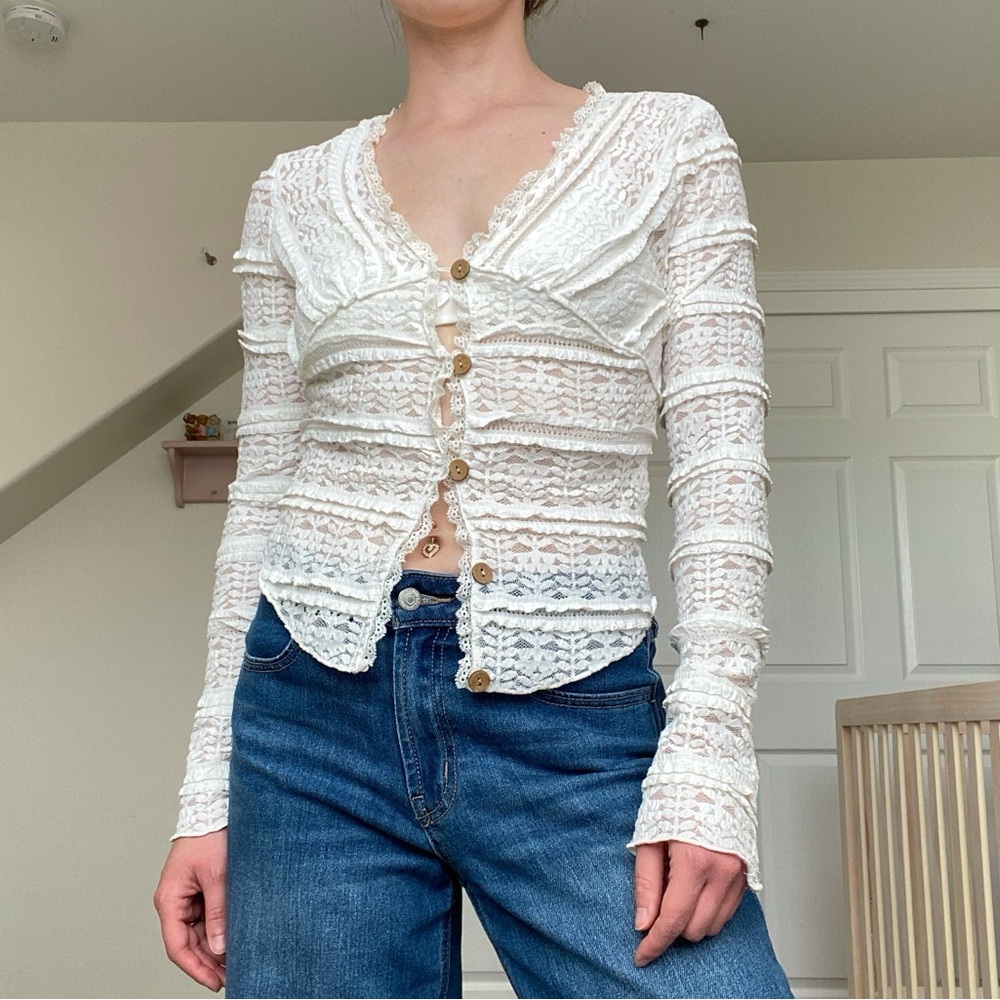 Shein white lace see through button up top